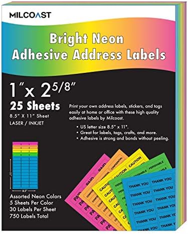 Milcoast Bright Neon Address Labels - 1" x 2-5/8" for Inkjet/Laser Printers - 5 Color Pack - 750 Labels (25 Sheets)