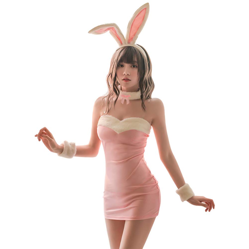 JasmyGirls Women Sexy Bunny Costume Kawaii Anime Cosplay Lingerie Set Naughty Rabbit Roleplay Outfit with Bunny Ears Mini Bodycon
