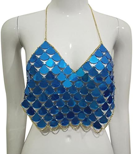 YJYdada Women Sexy V-Neck Metal Crop Tops Backless Bralette Beach Party Club Swquin Tops Vest (Blue)