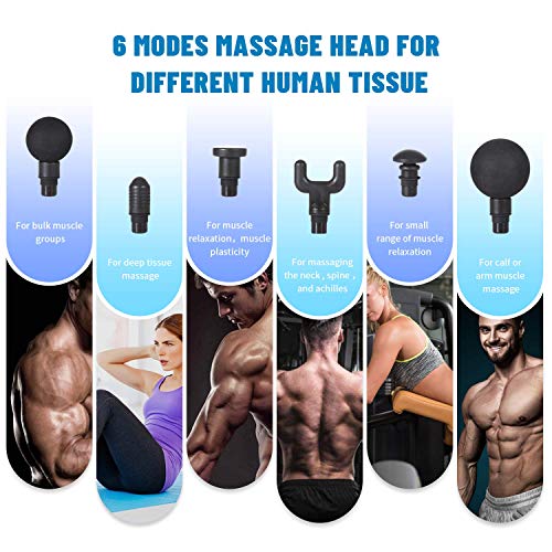 Deep Tissue Percussion Massage Gun - HandHeld Rechargeable Muscle Massager with 6 Heads & 20 Speed Vibration for Athletes Soothe Muscle Pain, Super Quiet Body Massage Gun for Feet, Back, Neck, Arms