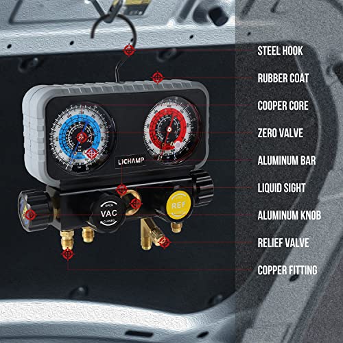 Lichamp HVAC R410A Manifold Gauge Set AC R134A, Freon R22 R32 410A 134A Diagnostic Manifold
