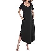 Matchstick Loose Fit Long Maxi Dress for Women V Neck Short Sleeve Sundress with Side Split Pockets Flowy Beach Dress