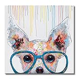 FLY SPRAY 1 Panel Framed 100% Hand Painted Oil Paintings Canvas Wall Art Colorful Dog with Glasses Animal Modern Abstract Artwork Painting for Living Room Bedroom Office Home Decoration