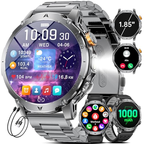 HIRREO EF24 Smartwatch Hombre-Linterna LED, Batería 1000mAh Larga Duración, Pantalla HD 1,85", 100 Modos Deportivos, IP68 Impermeable, Llamadas Bluetooth, 3 Correas, Compatible Android iOS, Negro