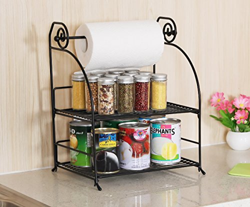 TQVAI 2 Tier Can Rack Organizer with Kitchen Roll Holder, Black
