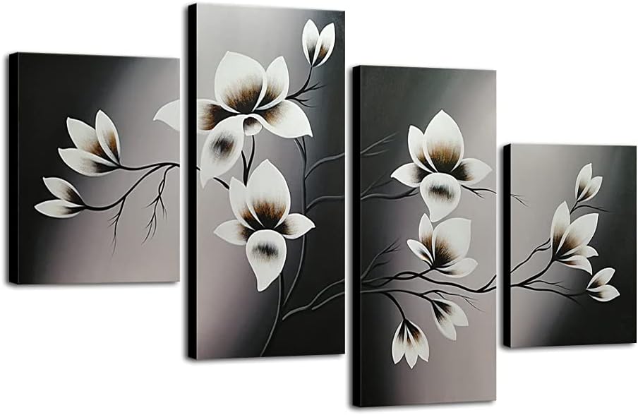 Paintings - Wieco Art Elegant Blooming Flowers Oil Paintings on Canvas Wall Art Set Ready to Hang for Living Room Bedroom Home Decor 4 Panels Modern 100% Hand Painted Stretched and Framed Abstract Floral Artwork