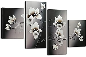 Wieco Art Elegant Blooming Flowers Oil Paintings on Canvas Wall Art Set Ready to Hang for Living Room Bedroom Home Decor 4 Panels Modern 100% Hand Painted Stretched and Framed Abstract Floral