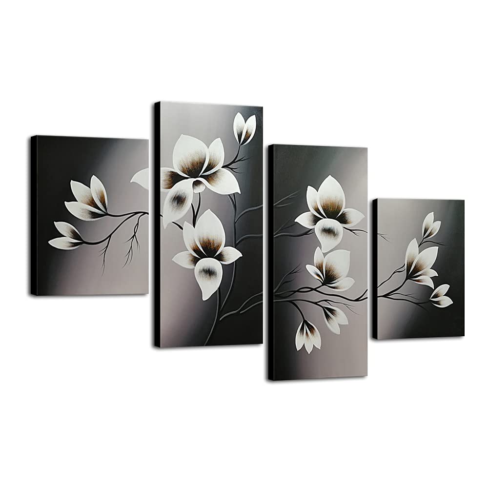 Wieco Art - Elegant Blooming Flowers 4 panels Modern 100% Hand Painted Floral Oil Paintings Artwork on Canvas Wall Art Set Ready to Hang for Living Room Bedroom Decor