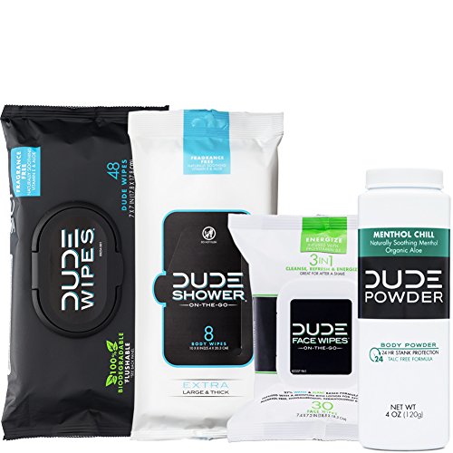DUDE Wipes Flushable (48ct), DUDE Shower Body Wipes (8ct), DUDE Face Wipes (30ct) & DUDE Body Powder Menthol Chill (1 Bottle) - Head to Toe Ultimate DUDE Combo