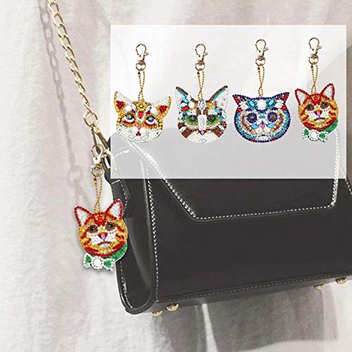 5D DIY Diamond Painting Keychain, 4 pcs Cat Shape, Mosaic Making Full Drill Special Shape Diamond Painting Kit for Bags, Smartphone Straps, 4 Pack - Thumbnail 4
