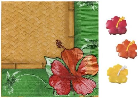 12 Hibiscus Flower Cupcake Ring Toppers with Hibiscus Beverage/Dessert Napkins - Tropical Island Party Bundle