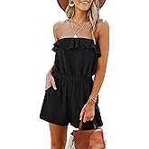 Sumtory Women Off the Shoulder Ruffle Romper Summer Strapless Short Jumpsuit with Pocket