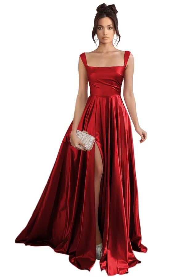 Photo 1 of Stylefun Red Satin Spaghetti Strapes Pleated Prom Dresses with Slit A Line Long Formal Dress Cocktail Party Gowns with PocketsUS0