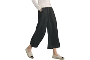 ECUPPER Womens Cotton Cropped Pants Loose Fit Wide Leg Capri Casual Plus Size Elastic Waist Trousers