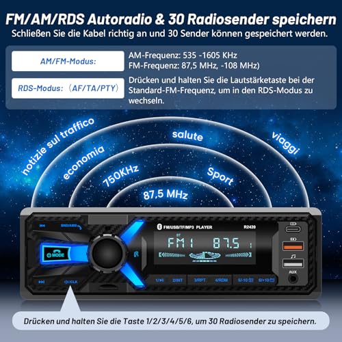 RDS Bluetooth Car Radio with Type-C Charging Port, Wistrue FM/AM Car Radio Supports 2 USB Ports / AUX/SD/TF/EQ, 1 DIN Radio with Bluetooth/MP3 Player Hands-Free