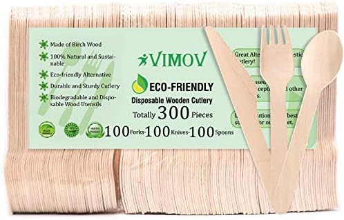 VIMOV 300 Pieces Disposable Wooden Cutlery Set, Eco-Friendly Biodegradable Utensils for Party, Camping, Picnics, BBQ, Event (100 Forks, 100 Knives, 100 Spoons)