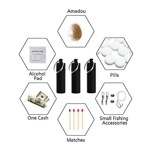 3 Packs Aluminum Waterproof Pill Holder, Effiet Pillbox Case Fob Medicine Bottle Drug Holder Compact Container Keychain Pill Box Case with Bonus Earplug Ear Plugs (Black) - Thumbnail 2