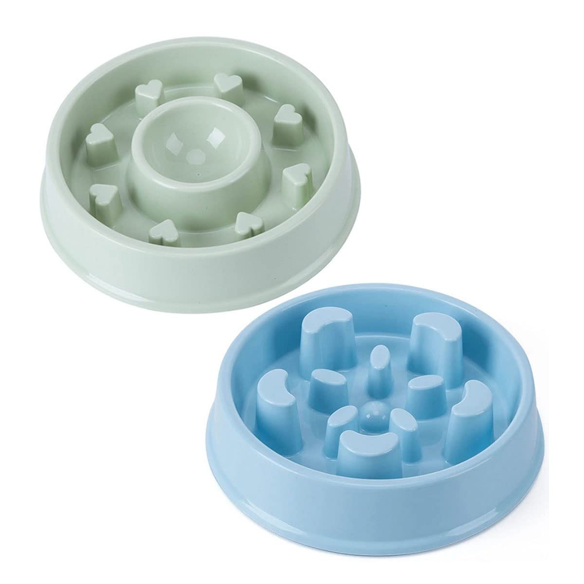 Hesheng 2 Pack Slow Feeder Dog Bowl Puppy Slow feeding bowl Interactive Feeder Pet Bloat Stop Dog Bowl Non-Slip Healthy Eating Bowl for Small Medium Large Dogs(Heart-Green + Moon-Blue)