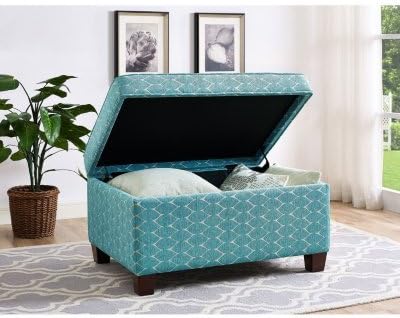 Aniston Storage Ottoman Patterned Fabric Stylish Solid Wood Attractive Books Blankets Pillows Seating Foot Rest-Teal