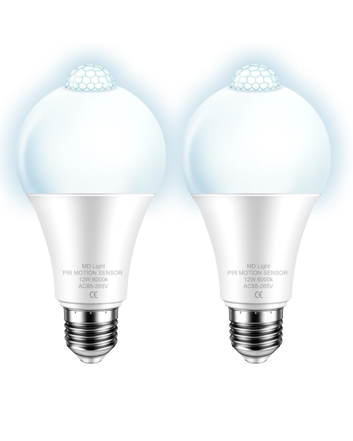 MDLITIN PIR Motion Sensor Light Bulb, 12W LED 100W Equivalent, 6000K Cold White, E27 Screw, Auto Turn On/Off Security Lighting for Front Door, Hallway, Basement, Stairs (2 Pack)
