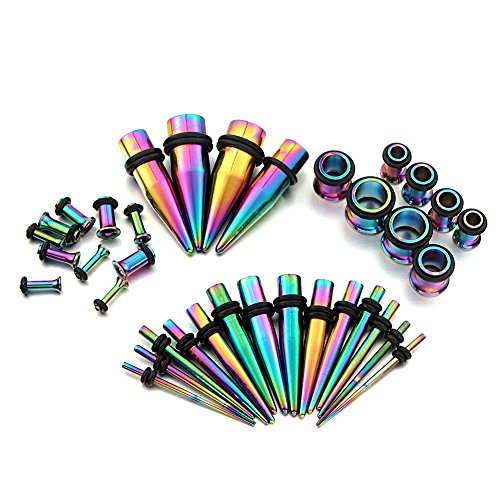 vcmart 14G-00G Rainbow Ear Gauges Stretching Kit 36 Pieces Tapers Plugs Eyelets Implant Grade Steel