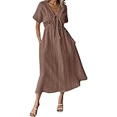 chouyatou Women's Summer Boho V-Neck Cotton Tunic Dress Casual Loose Short Sleeve Midi Long Beach Dress