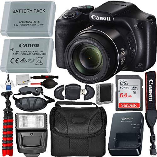 Canon PowerShot SX540 HS Digital Camera (1067C001) with Deluxe Accessory Bundle – Includes: 1x Seller Replacement Battery, SanDisk Ultra 64GB Memory Card, Digital Slave Flash, 12″ Gripster & More