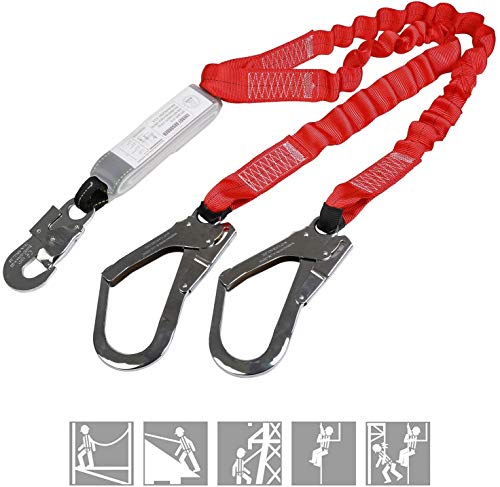 Dual Leg Stretch Lanyard w/Rebar, Fall Arrest Safety Harness Shock Resistant lanyard with energy absorption