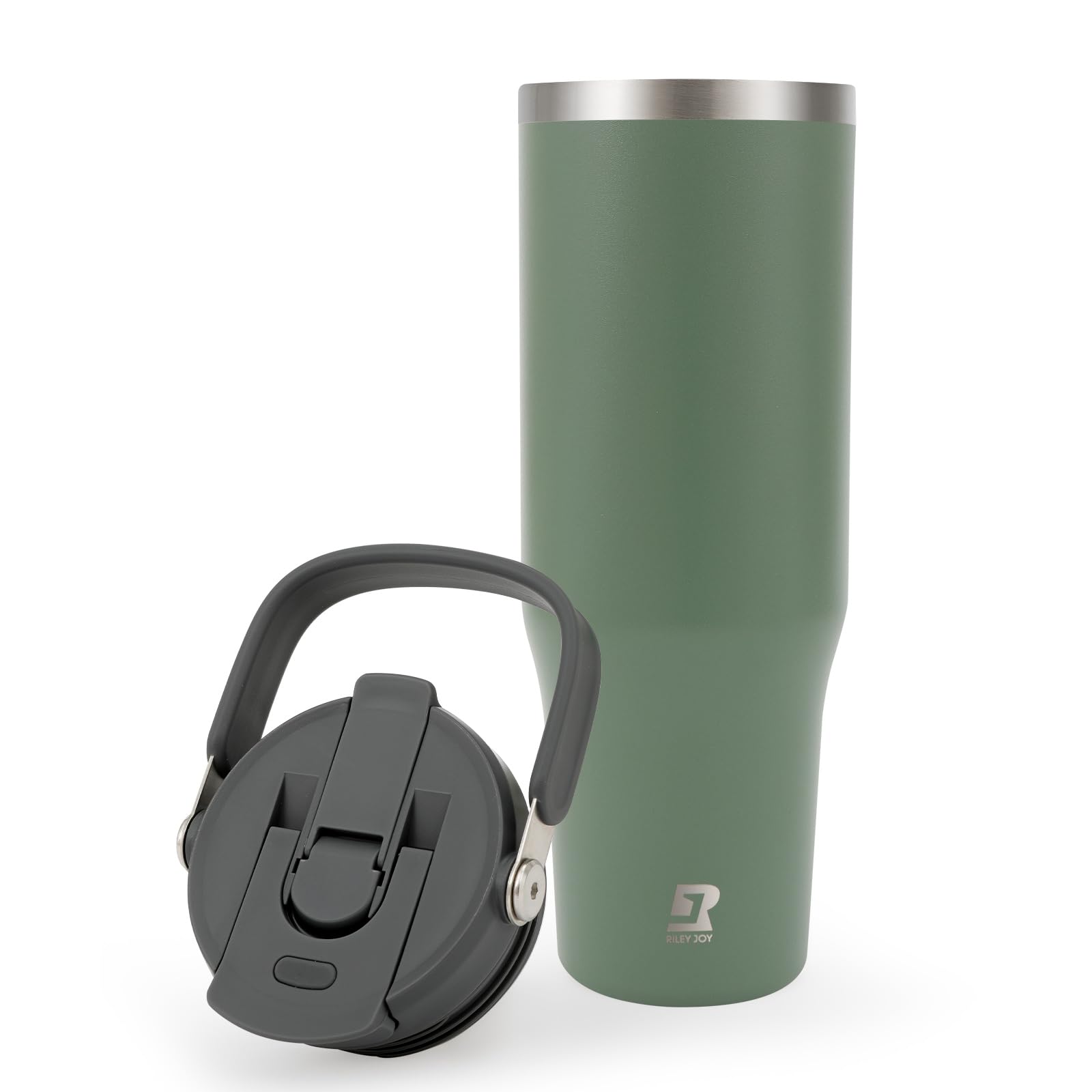 Riley Joy 2.0 Stainless Steel Tumbler 32 oz with Handle and Straw - 100% Leak Proof Insulated Water Bottle - Easy to Carry Travel Mug - Dishwasher Safe - Car Coffee Cup - Green