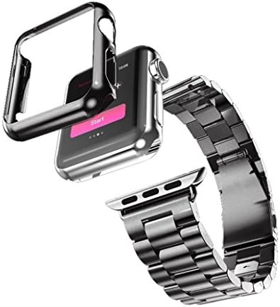 Fose Stainless Steel Metal Replacement Bands with Plastic Plated Case for Apple Watch - Black Band with Case for 38mm
