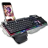 KRNELLY PK900 Colorful Backlight Wired Gaming Keyboard, Phone Holder, Left Wrist Rest,19 Anti-Ghosting Keys, Silver Metal Cover
