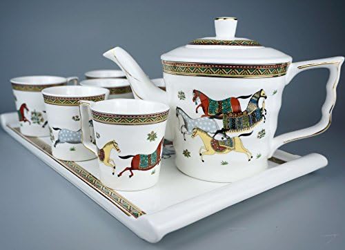 Porcelain Tea Set 8 Pieces - Large Teapot with Lid + 6 Cups + Tray - "The Horses of the King" model - Premium Quality