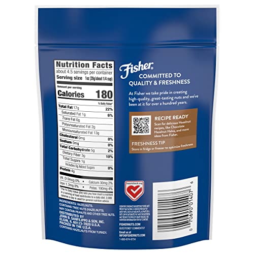 FISHER CHOPPED HAZELNUTS, 4.52 OZ RAW SHELLED UNSALTED NUTS FOR COOKING, BAKING, OR SNACKING, HEALTHY SNACKS FOR ADULTS, RESEALABLE BAG, NATURALLY GLUTEN FREE, VEGAN, KETO, PLANT BASED PROTEIN