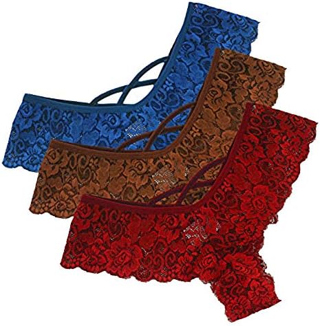 3PC Women Sexy Lingerie Plus Size Lace Flowers Low Waist Underwear Panties G-String Thongs Temptation Briefs Knickers Underpant for Ladies