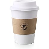KTOB [50 pack] 12 oz Compostable Coffee Cups with Lids and Kraft Sleeves, Eco Friendly Disposable White Paper Cups Combo for Hot Beverage