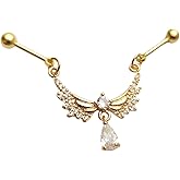 Zynova 16G Angel CZ Dangle Chain Industrial Barbell Cartilage Earrings Gold Plated 316L Stainless Steel Industrial Piercing Jewelry Conch Helix Chained Industrial Bar for Women