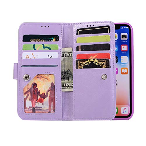 Shinyzone Wallet Phone Case for iPhone Xs with 9 Card Slots,iPhone X Glitter Leather Case with Zipper Pocket,Fashion Design with Hand Strap Magnetic Stand Flip [Dual Folio] Cover,Purple - Thumbnail 4