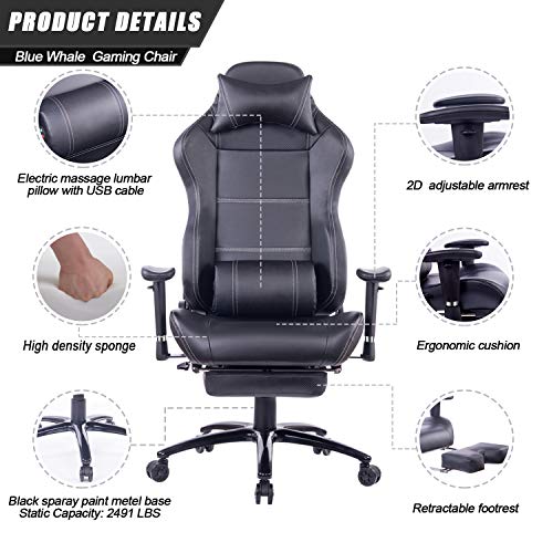 Blue Whale Massage Gaming Chair with Footrest Matel Base-Memory Foam Adjustable Backrest Reclining PC Computer Video Gamer Chair Racing High Back Game Chairs PU Leather Desk Office Chair BW/263 Black