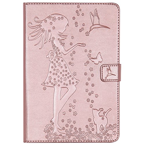 iPad Mini 2 Mini 3 Case, LittleMax(TM) Lightweight PU Leather Flip Stand Embossed Bird & Butterfly & Girl Case Smart Cover with Auto Wake/Sleep for Apple iPad Mini 3/2/1 -#3 Rosegold