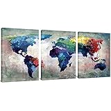 3 Panels Canvas Painting Abstract World Map Picture Printed on Canvas Giclee Artwork Stretched and Framed Wall Art For Home Decor (Blue)