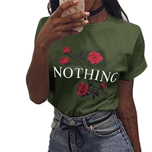 Oksale Summer Womens T-shirt Short Sleeve Blouse Rose Printing Shirt (XL, Army Green)
