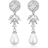 DIAMANTIO Statement 18K Gold Plated Teardrop Pearl Earrings for Women – Cubic Zirconia Dangle Earrings, Elegant Bridal Jewelry Gift
