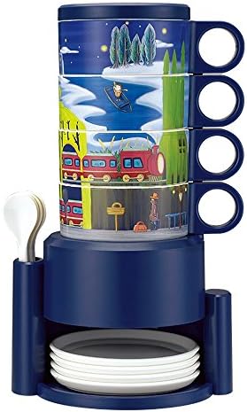 Motoraux Melamine Stackable Espresso Coffee Cups and Saucers Set of 4 with Stand, Tea/Milk Mugs Set with Matching Saucers, Spoons, Top Lid and Rack(14 Pieces Total) , (Old Dream Revision)
