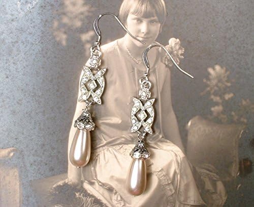 Handmade Antique Champagne Pearl &amp; Rhinestone Bridal Dangle Earrings, Vintage 1920 Art Deco Sterling Silver Blush Pearl Drop Pierced Earrings