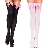 AWOCAN 2PCS Women Satin Bow Stockings Thigh High Stock Over The Knee Socks Long Stocking