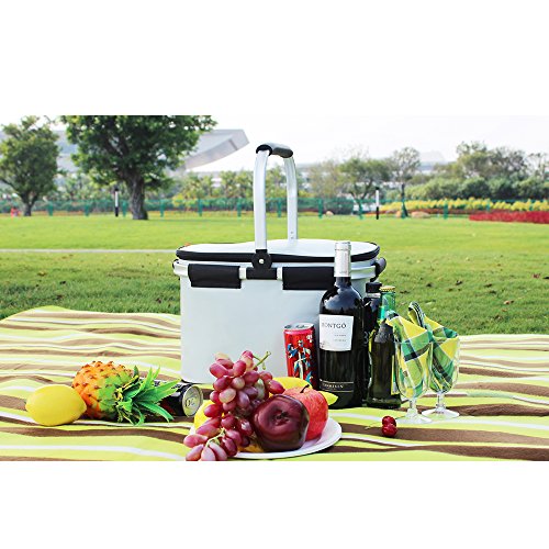 YONOVO 32 L Folding Picnic Basket Insulated Cooler Bag for Family Gathering Camping Travel BBQ (Ivory)