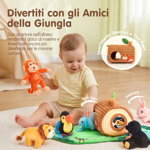 hahaland Giochi Bambini 1 Anno, Set di Peluche Animali con Suoni Realistici | 6 Animali Giungla con Suoni, 2 in 1 Tappetino da Gioco & Borsa, Giocattoli Montessori Sensoriale, Regalo 6 9 12 Mesi