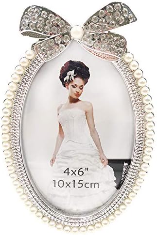 Abbie Home 4 x 6 or 5X 7 Inch Wedding Photo Frame, Wedding Picture Frame with Rhinestone Bow and Pearls to Display Pictures, Ideal for Anniversary Wedding Home Decor (Creamy White, 4x6)