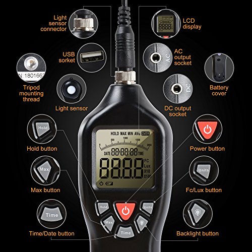 KASUNTEST Digital Lux Meter Photometer-Auto Ranging Light Meter 0.1 to 200000 Lux w/Max Min Avg,Hold,Backlight,Time and Units Function