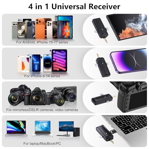 Wireless Lavalier Microphone for iPhone/Android/Camera/Computer - 4 in 1 Clip-on Microphone with Noise Reduction for Outdoor Vlogging, Interview, TikTok, Live Streaming,Video Recording